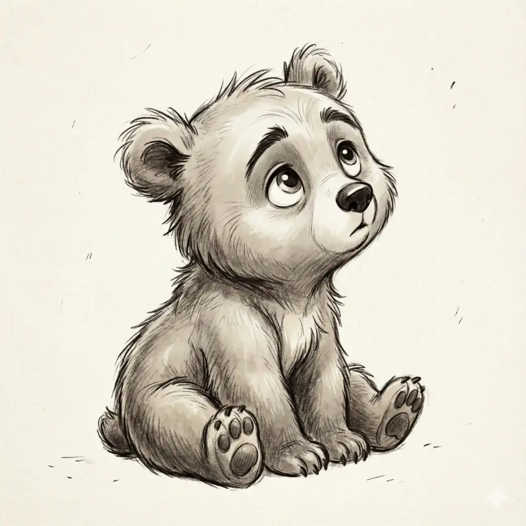 Create a cute, softly stylized illustration of a small baby bear sitting on the ground in a slightly slouched pose, viewed from a three-quarter side angle. The bear has fluffy, textured fur with gentle, sketch-like strokes, a rounded body, and short limbs with visible paw pads. Its head is slightly tilted upward, with big expressive eyes that look curious and a little wistful, thick arched eyebrows adding emotion, and a small dark nose. The bear's ears are small and rounded, with tufts of fur sticking out unevenly, enhancing the plush, cuddly look. The color palette is mostly monochrome, with subtle shading and soft highlights to give volume without harsh contrast. The background is plain and light, resembling smooth paper or a storybook page, with minimal marks to suggest quiet atmosphere. The overall mood is tender, innocent, and slightly melancholic, like a gentle cozy animated concept sketch. Use 1:1 aspect ratio.