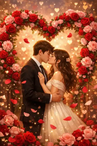 Create a romantic illustration of a young couple sharing their first kiss under a heart-shaped archway made of intertwined red roses and pink peonies. The couple should be dressed in elegant evening wear, with soft golden hour lighting casting a warm glow on their faces. Include delicate rose petals floating in the air around them, and a dreamy bokeh background with tiny hearts of light. The color palette should feature deep reds, soft pinks, ivory whites, and gold accents. Add subtle sparkles and a magical atmosphere reminiscent of a fairytale romance. Use aspect ratio 3:4.