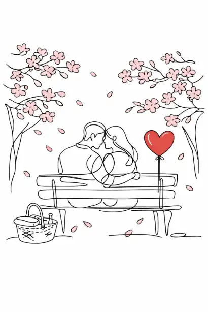 Create a modern minimalist line art illustration of a couple embracing on a park bench surrounded by cherry blossom trees in full bloom. The illustration should use continuous single-line drawing technique with delicate details. The couple should be shown in profile, foreheads touching in an intimate moment. Include falling cherry blossom petals, a heart-shaped balloon tied to the bench, and a small picnic basket at their feet. Use a limited color palette of black lines with soft pink accents for the blossoms and a touch of red for strategic highlights. The composition should feel elegant and contemporary. Use aspect ratio 3:4.