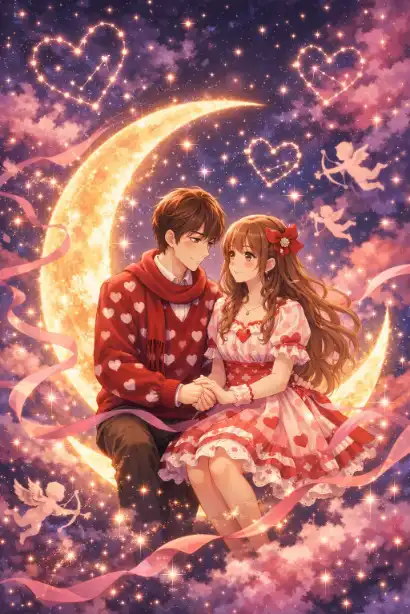 Create a dreamy digital painting of a couple sitting together on a crescent moon floating in a starry night sky filled with constellation hearts. The couple should be rendered in a soft, romantic anime-inspired style with detailed clothing featuring Valentine's Day motifs like heart patterns and lace details. Surround them with glowing stars, nebula clouds in shades of pink and purple, and small cupid silhouettes flying in the background. The moon should have a warm golden glow, and the couple should be holding hands while looking at each other lovingly. Include flowing ribbons and sparkles throughout the composition. Use aspect ratio 3:4.