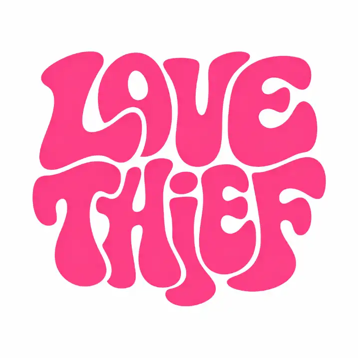 Create a bold, high-contrast typographic design featuring the words "LOVE THIEF" in large, psychedelic bubble lettering. The letters should be thick, rounded, and highly organic—melting and flowing into one another with exaggerated curves and uneven edges. The typography should feel inspired by 1960s–1970s psychedelic poster art, with a playful, groovy, almost liquid-like distortion. Use solid pink lettering against a clean white background. The letters should be tightly arranged in a compact, stacked layout, filling most of the composition in an abstract, blob-like shape. The forms should feel hand-drawn and slightly irregular rather than geometric or perfectly symmetrical. Use aspect ratio 1:1.