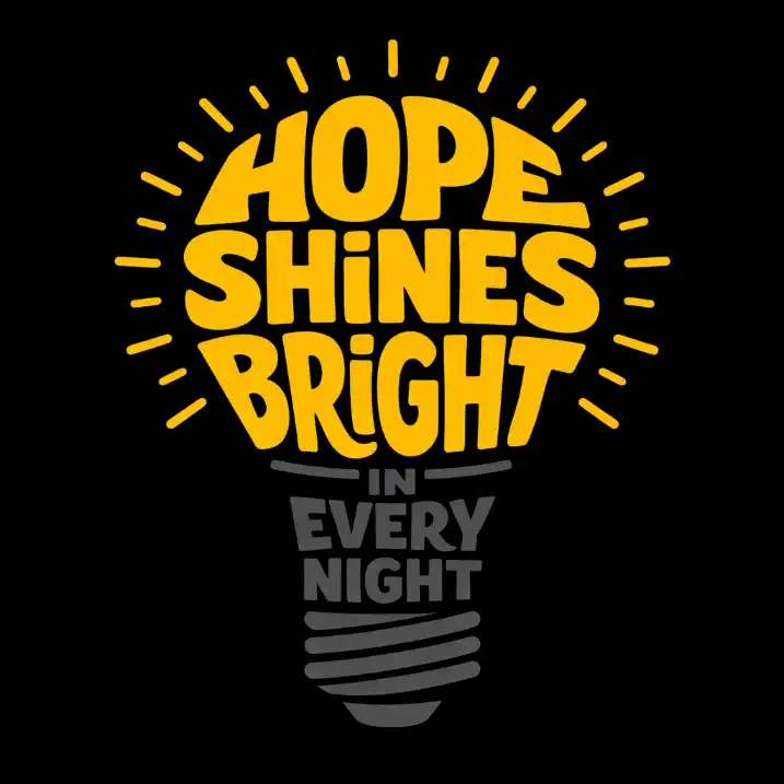 Create a bold conceptual typography design shaped like a glowing light bulb using an inspiring phrase such as "HOPE SHINES BRIGHT" for the top portion and a smaller contrasting line like "IN EVERY NIGHT" forming the base. Arrange the main words inside a bulb silhouette using thick, rounded retro lettering that fits tightly together to create a solid, unified shape. Use a warm golden yellow color for the upper text to simulate illumination, and add small radiating dash marks around the bulb to suggest light rays. Design the lower portion of the bulb in a darker muted gray tone with compact stacked lettering to represent the base. Keep the background solid black to enhance contrast and make the yellow text appear to glow. Maintain clean edges and a flat vector style without gradients. Use aspect ratio 1:1.
