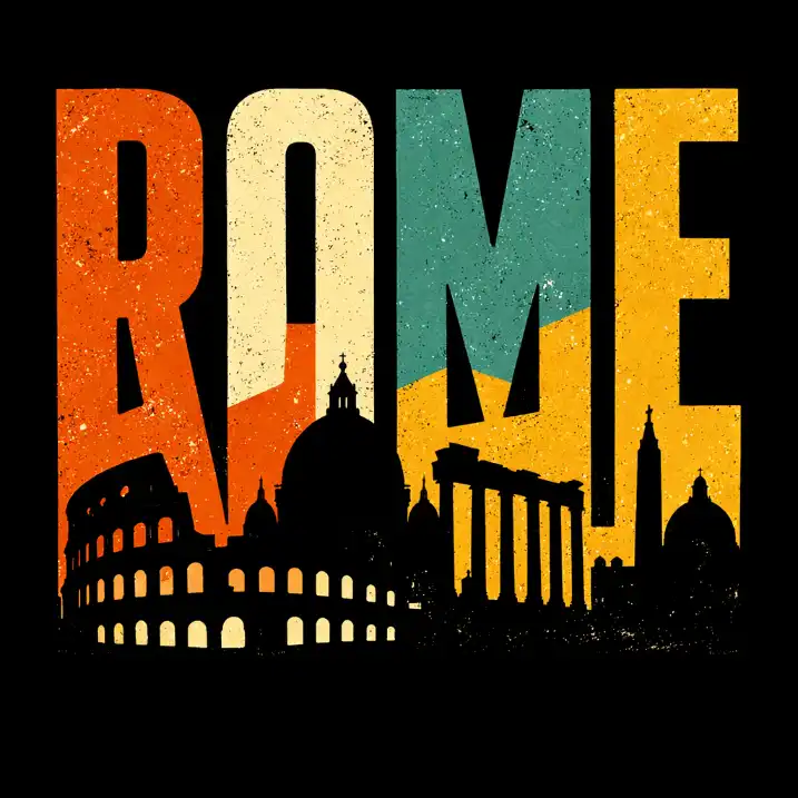 Create a vintage travel-inspired typography poster featuring the name of a famous city such as "ROME" in large, tall, condensed block letters across the top. Divide each letter vertically into separate panels filled with muted retro colors like burnt orange, cream, teal, and mustard yellow, and apply a subtle distressed texture for a worn print effect. Integrate iconic skyline silhouettes inside the lower portion of the letters and along the bottom edge, such as historic monuments and recognizable architectural landmarks rendered in solid black. Keep the composition symmetrical and bold with strong contrast between the colorful letters and the dark silhouettes. Use a flat vector style with a slightly aged texture overlay and place everything on a solid black background to enhance the vintage aesthetic. Use aspect ratio 1:1.