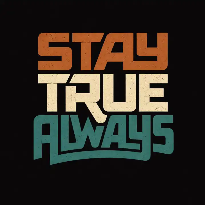 Create a bold geometric typography t-shirt design featuring a positive phrase such as "STAY TRUE ALWAYS" arranged in three stacked lines. Use a custom modular block font with sharp 90-degree corners and maze-like letter construction where strokes are thick, uniform, and interconnected. Keep the letters tightly spaced to form a compact square composition with strong structure and symmetry. Apply a muted retro color palette, using warm brown for the top line, soft beige for the middle line, and deep teal for the bottom line. Add a subtle distressed grain texture over the letters for a slightly vintage print feel while keeping edges clean and solid. Place the design on a solid black background to enhance contrast and give it a modern streetwear aesthetic. Use aspect ratio 1:1.