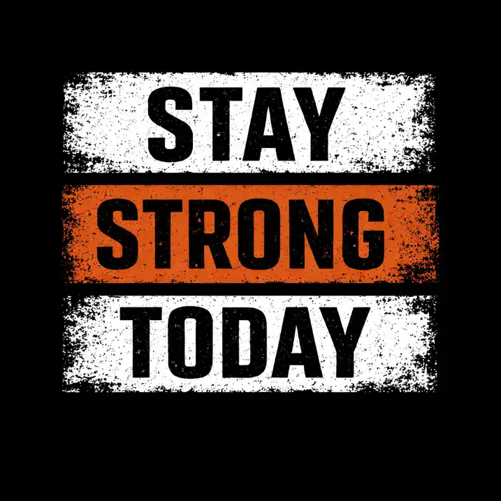 Create a bold minimalist typography t-shirt design featuring a three-line motivational phrase such as "STAY STRONG TODAY." Arrange each word inside its own horizontal rectangular bar stacked vertically. Use a clean, condensed sans-serif font in uppercase letters with wide spacing for a modern look. Make the top and bottom bars white with heavy distressed grunge texture around the edges, and use a contrasting muted orange bar for the center word to create emphasis. Apply a rough, worn ink effect across all bars so the design feels vintage and slightly weathered. Keep the background solid black to enhance contrast and give the composition a strong, poster-style impact. Use aspect ratio 1:1.