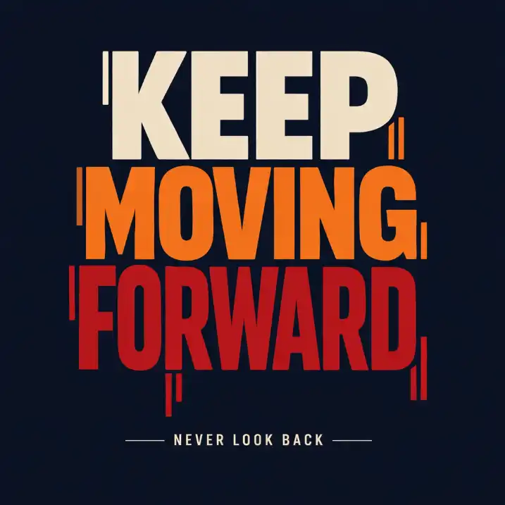 Create a bold contemporary typography poster featuring a powerful phrase such as "KEEP MOVING FORWARD" arranged in a stacked composition. Place the first word large at the top in off-white, the second word slightly overlapping in warm orange, and the final word at the bottom in deep red to create a strong vertical gradient effect. Use a heavy geometric sans-serif font with clean edges and confident weight. Integrate vertical striped bar elements extending above and below certain letters to create a dynamic sense of motion and rhythm. Add small subtle supporting text in thin uppercase font near the top or bottom, such as a short motivational tagline, keeping it minimal and understated. Maintain sharp alignment and structured spacing for a modern poster aesthetic. Set the design on a solid dark navy background for high contrast and dramatic impact. Use aspect ratio 1:1.