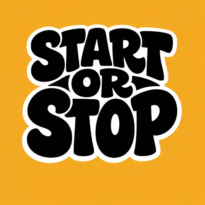 Create a bold playful typography t-shirt design featuring a short motivational phrase such as "START OR STOP." Arrange the words in a stacked layout with exaggerated, chunky rounded lettering that feels bubbly and slightly irregular. Use solid black letters with thick white outer outlines to create a strong sticker-like effect. Keep the characters tightly spaced and slightly warped for a fun retro vibe while maintaining clear readability. Center the composition and ensure the text forms a compact organic shape. Place everything on a solid mustard yellow background for high contrast and a vibrant, eye-catching look. Use aspect ratio 1:1.