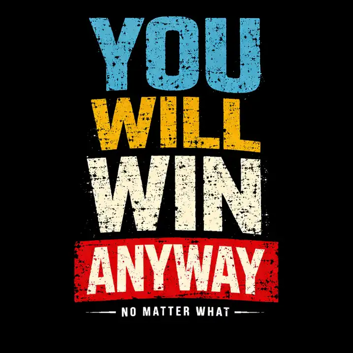Create a bold distressed typography t-shirt design featuring a powerful motivational phrase such as "YOU WILL WIN ANYWAY." Arrange the words in a stacked vertical layout with strong hierarchy, making the first word large at the top in a textured sky blue, the second word in a contrasting mustard yellow, and the third word in off-white with a heavily worn grunge effect. Place the final word inside a solid red rectangular block at the bottom, allowing parts of the letters to appear slightly eroded or scratched for a rugged print look. Use a thick condensed sans-serif font in all caps with rough edges and scattered ink distress across the letters to create a vintage athletic poster vibe. Add a small thin uppercase supporting word centered below in white for subtle emphasis. Keep the background solid black to maximize contrast and impact. Use aspect ratio 1:1.
