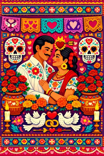Create a vibrant Mexican folk art style illustration of a couple celebrating Valentine's Day surrounded by colorful papel picado banners, sugar skulls decorated with hearts, and marigold flowers. The couple should be wearing traditional embroidered clothing with intricate floral patterns in bright colors. Include decorative elements like hand-painted Talavera tiles, clay pots filled with red roses, papel picado flags with love motifs and hearts, and traditional Mexican patterns. Use a bold, saturated color palette featuring hot pink, turquoise, orange, yellow, and red. Add details like intricate border designs and symbolic elements representing eternal love. The style should be flat, decorative, and richly patterned. Use aspect ratio 3:4.