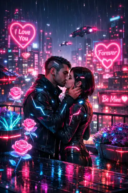 Create a cyberpunk futuristic illustration of a couple sharing a romantic moment on a neon-lit rooftop overlooking a sprawling cityscape filled with holographic heart advertisements and flying vehicles. The couple should have subtle cybernetic enhancements and be wearing sleek futuristic clothing with glowing accents. Include details like holographic rose projections floating around them, a neon pink and electric blue color scheme, rain creating reflections on the metallic surfaces, and digital displays showing romantic messages. Add atmospheric perspective with the city lights creating a bokeh effect in the background, and bioluminescent plants in containers around the rooftop space. The mood should blend romance with high-tech aesthetics. Use aspect ratio 3:4.