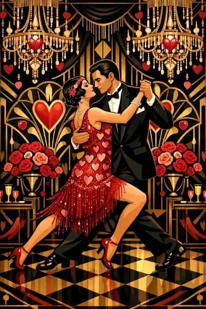 Create an Art Deco inspired illustration of a glamorous couple dressed in 1920s attire, dancing the tango in an opulent ballroom decorated for Valentine's Day. The woman should wear a fringed flapper dress with heart-shaped sequins, and the man should be in a sharp tuxedo. Use geometric Art Deco patterns, gold and black color schemes with pops of deep red and pink. Include ornate chandeliers dripping with crystals, decorative fans with heart motifs, and stylized rose arrangements. The composition should feature bold lines, symmetrical designs, and luxurious details typical of the Art Deco movement. Use aspect ratio 3:4.