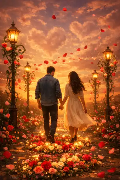 Create a magical realism illustration of a couple walking hand in hand through a pathway where the ground beneath them blooms with flowers at each step they take together. The couple should be viewed from behind, creating an intimate and contemplative mood. The pathway should be lined with ornate lamp posts wrapped in vines with heart-shaped blooms. Include a sunset sky with clouds forming subtle heart shapes, and rose petals swirling around the couple in a gentle spiral. The style should blend photorealistic elements with fantastical touches, using a warm color palette of golds, deep reds, and soft pinks. Use aspect ratio 3:4.
