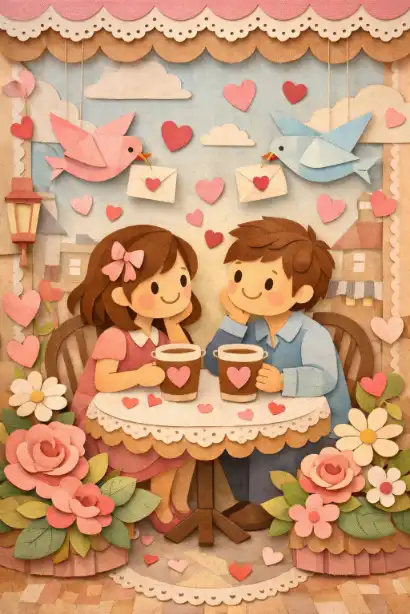 Create a charming children's book style illustration of a couple made of paper cutouts having a romantic date in a handcrafted paper world. Everything should appear to be made from layered paper, cardstock, and tissue paper, creating a three-dimensional effect. Show the couple sitting at a café table with paper coffee cups, surrounded by paper flowers, paper heart confetti, and origami birds carrying love notes. Use soft pastel colors with visible paper texture, shadows showing the layered depth, and whimsical details like doily patterns and scalloped edges. The overall feel should be sweet, innocent, and handmade. Use aspect ratio 3:4.