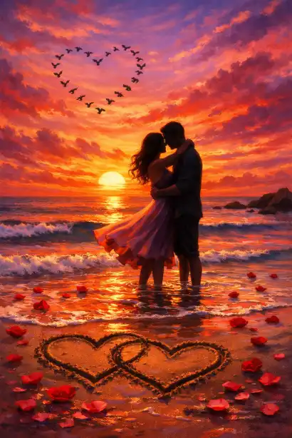 Create a romantic sunset beach illustration of a couple standing in shallow water, silhouetted against a vibrant sky painted in shades of orange, pink, and purple. The couple should be holding each other close, with gentle waves lapping at their feet. Include heart shapes drawn in the wet sand around them, rose petals floating on the water's surface, and seabirds flying in heart formation across the sky. The style should be a blend of realistic painting with enhanced romantic colors. Add details like the woman's flowing dress moving in the ocean breeze and reflections of the colorful sky on the water surface. Use aspect ratio 3:4.
