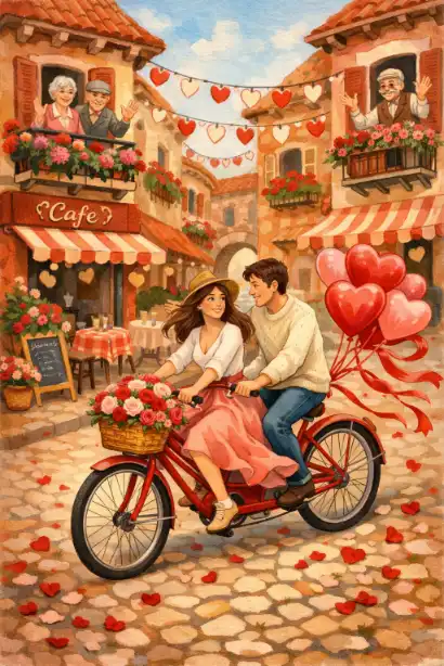 Create a whimsical gouache illustration of a couple riding a tandem bicycle decorated with heart-shaped balloons and trailing red ribbons through a quaint European village street. The couple should be dressed in casual romantic attire, with the woman wearing a flowing skirt and the man in a cozy sweater. Include cobblestone streets, charming cafés with outdoor seating, window boxes overflowing with red geraniums and pink carnations, and string lights shaped like hearts hanging between buildings. Add details like a basket full of fresh roses on the front of the bicycle, scattered rose petals on the ground, and locals waving from balconies. The color palette should be warm and inviting with terracotta, cream, rose pink, and burgundy tones. Use aspect ratio 3:4.