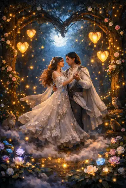 Create a magical fantasy illustration of a couple dancing in a enchanted forest clearing illuminated by thousands of fireflies and glowing heart-shaped lanterns hanging from ancient trees. The couple should be dressed in ethereal, flowing garments with intricate floral embroidery and lace details. Surround them with bioluminescent flowers, mystical fog swirling at their feet, and a canopy of intertwined branches forming a natural heart shape above them. Include fairy lights, delicate vines with blooming roses wrapping around tree trunks, and small woodland creatures watching the romantic scene. The lighting should be dramatic with a mix of cool moonlight and warm golden glow from the lanterns. Use aspect ratio 3:4.