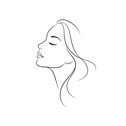 Create a minimalist single continuous line drawing of a woman's face in profile view, eyes closed with a peaceful expression. The line is thin, elegant, and black against a pure white background. The drawing captures the outline of her forehead, nose, lips, chin, and a loose suggestion of flowing hair with just a few graceful curves. No shading, no fill, no color. The composition is centered with generous white space around the figure. Clean, modern, gallery-quality aesthetic suited for a printable wall art poster. Use aspect ratio 1:1.