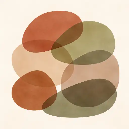 Create an abstract wall art composition featuring overlapping organic shapes in warm earthy tones including terracotta, burnt sienna, dusty beige, warm taupe, and muted olive green. The shapes are soft and rounded with smooth edges, layered over each other with subtle transparency where they overlap. The background is a soft cream white. The overall feel is calm, modern, and gallery-ready with a mid-century inspired balance. No text, no borders. Clean composition with intentional negative space. Use aspect ratio 1:1.