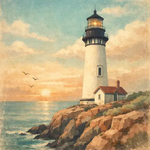 Create a vintage-style illustration of a tall white lighthouse standing on a rocky cliff overlooking a calm ocean. The color palette is soft and muted with faded blues, warm off-whites, dusty coral, and pale seafoam green. The sky shows gentle clouds with a warm golden glow near the horizon as if it is late afternoon. The illustration style is slightly textured like an old travel poster with subtle grain and soft edges. A few seabirds are visible in the distance. The composition is vertical with the lighthouse positioned slightly off-center to the right. No text, no borders. Use aspect ratio 1:1.