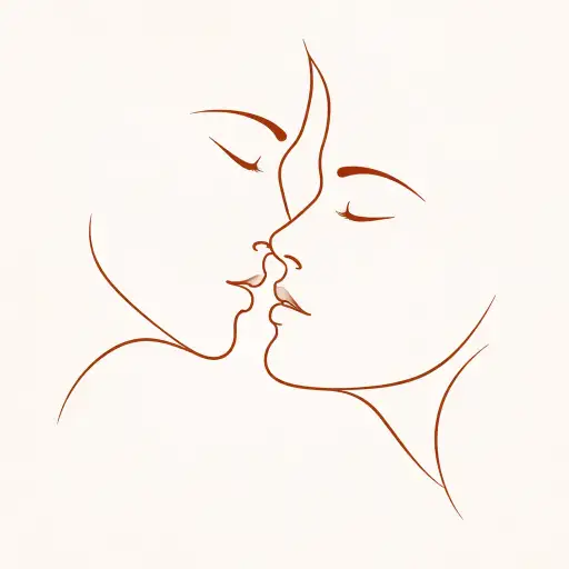 Create a modern abstract line art illustration of two faces in profile, facing each other as if about to kiss. The lines are fluid and continuous, drawn in a warm terracotta color against a soft cream background. The faces are simplified to essential features: foreheads, noses, lips, and chins, with one or two minimal lines suggesting closed eyes. The style is romantic, elegant, and contemporary. No shading, no additional colors, no background elements. Plenty of white space around the figures. Clean and gallery-ready for wall art printing. Use aspect ratio 1:1.