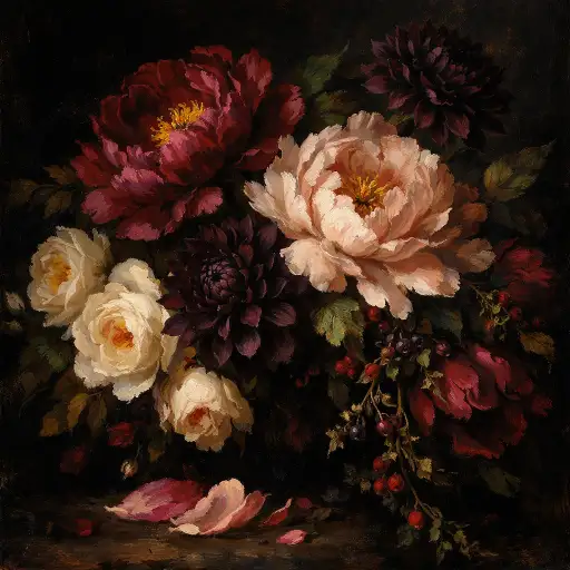 Create a dramatic still life painting of a lush floral arrangement against a deep, almost black background. The flowers include large open peonies in deep burgundy and blush pink, white garden roses, dark purple dahlias, and trailing greenery with small berries. Some petals are slightly wilted, adding a romantic, moody quality. The lighting is dramatic and directional, coming from the upper left, illuminating the petals while the background stays deeply shadowed. Rich, saturated colors with visible brushstroke texture. The style references classical Dutch still life paintings with a modern twist. No vase visible, just the flowers emerging from darkness. Use aspect ratio 1:1.