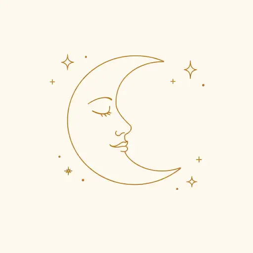 Create a minimalist wall art illustration of a crescent moon with a serene face in profile, eyes closed, surrounded by small scattered stars. The illustration uses thin, clean lines in a warm gold tone on a soft ivory background. The moon has a calm, peaceful expression with simple features drawn in a continuous line style. The stars are tiny and delicate, placed asymmetrically around the moon. No shading, no gradients, no heavy fills. The composition is centered with generous negative space. Elegant, modern, and suited for printable wall art. Use aspect ratio 1:1.