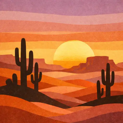 Create a retro-inspired desert landscape illustration showing layered sand dunes and distant mesas under a large setting sun. The color palette uses warm tones including burnt orange, terracotta, dusty pink, golden yellow, and soft mauve, applied in flat, slightly textured blocks of color. A few tall saguaro cacti stand in silhouette in the foreground. The sky has horizontal bands of color graduating from warm gold near the horizon to soft lavender at the top. The style is graphic and slightly vintage with a subtle paper texture overlay. No text, no borders. Clean, poster-quality composition. Use aspect ratio 1:1.