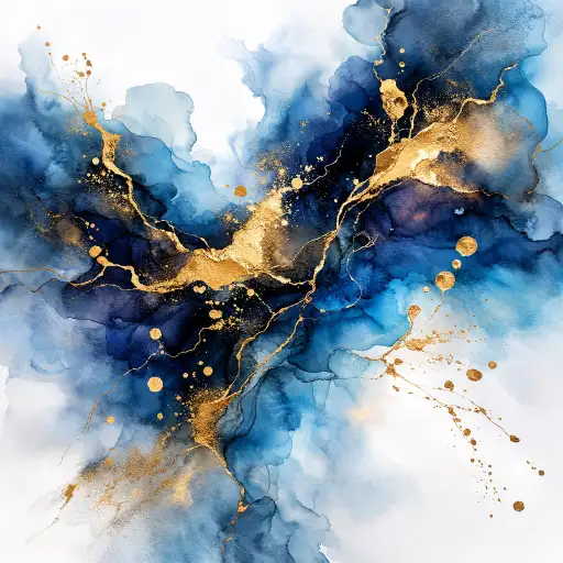 Create an abstract watercolor painting with fluid washes of deep navy blue, soft cerulean, and rich indigo blending and flowing across the canvas. Accents of metallic gold are splashed and dripped across the composition, creating thin veins and scattered droplets that catch the light. The background is white with the paint concentrated in the center and feathering out toward the edges, leaving soft white space at the borders. The technique shows beautiful color bleeding, soft gradients, and organic paint movement. Elegant, expressive, and modern. No text, no defined shapes. Use aspect ratio 1:1.
