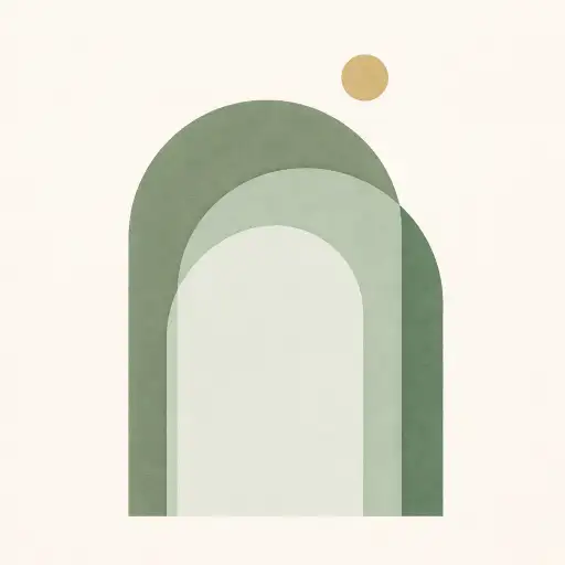 Create a minimalist abstract composition featuring three overlapping arch shapes in varying shades of sage green, from pale mint to deep forest sage. The arches are positioned vertically with slight offsets, creating an elegant layered effect. Each arch has a smooth, clean edge with a subtle matte texture. The background is warm off-white. A small circle in dusty gold sits near the top of the composition as a subtle accent. No text, no borders, no additional decoration. The feel is calm, contemporary, and Scandinavian-inspired. Use aspect ratio 1:1.