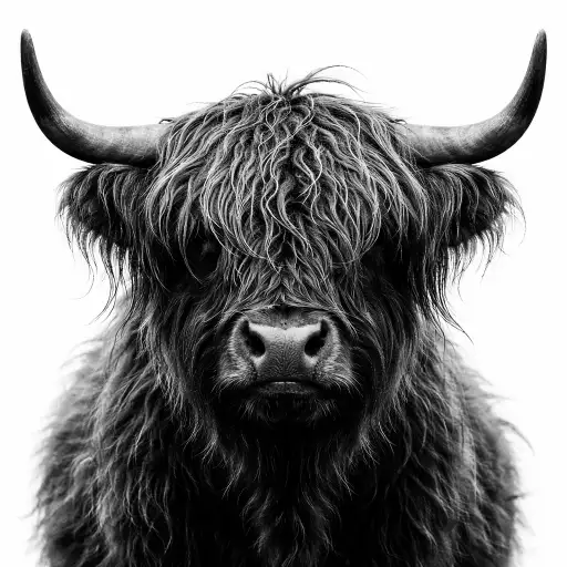 Create a striking black and white portrait photograph of a Highland cow facing directly toward the camera. The cow's long, shaggy fur is wild and textured, partially covering its eyes, with its characteristic long curved horns visible on both sides. The image is high contrast with rich blacks and bright whites, with incredible detail in the fur texture. The background is pure white, making the cow the sole focal point. The style resembles fine art animal photography with a slightly dramatic, editorial quality. Sharp focus on the face and fur with a clean, frameless composition. Use aspect ratio 1:1.