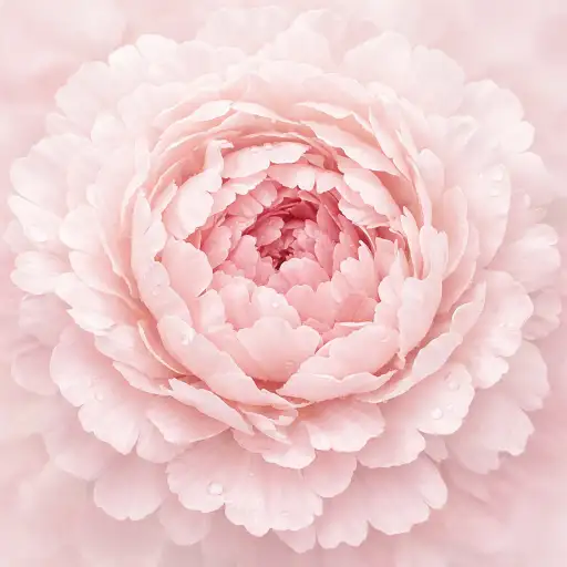 Create a soft, dreamy close-up photograph of a fully bloomed peony flower in delicate blush pink. The petals are layered and ruffled with beautiful depth and dimension, showing subtle gradients from pale pink at the edges to slightly deeper rose tones near the center. The background is a soft, blurred wash of pale pink and white, creating a gentle, airy atmosphere. The lighting is soft and diffused with no harsh shadows. Fine details are visible in the petal textures and slight dew drops on a few petals. The overall mood is romantic, feminine, and serene. Shot from directly above looking down into the bloom. Use aspect ratio 1:1.