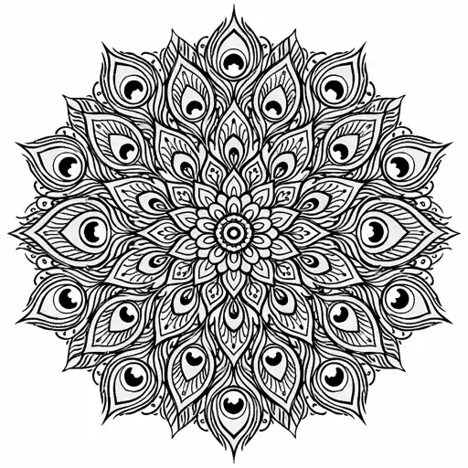 Create an ornate peacock feather mandala coloring page where feathers form a circular radial pattern. Include detailed eye shapes, fine lines, and repeating curves. Use bold yet clean black outlines, no color, no gradients. Centered composition, white background, adult coloring book style.