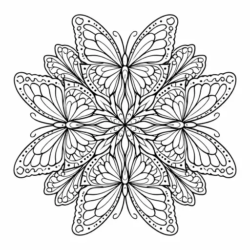Create a butterfly mandala coloring page where butterfly wings form perfect radial symmetry. Include delicate wing patterns, dots, and flowing shapes. Keep the line art crisp and evenly spaced. No shading, no background elements, white page.