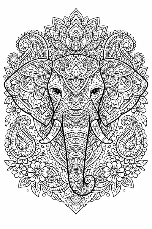 Create an elephant mandala coloring page with a front-facing elephant head at the center. Decorate the elephant with intricate mandala patterns, paisley shapes, and floral details. Use bold black outlines and fine inner lines. No color, white background.