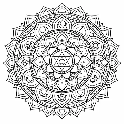 Create a chakra-inspired mandala coloring page with layered circular patterns representing spiritual energy. Use geometric shapes, lotus petals, and repeating symbols. Keep the design balanced and meditative. Black outlines only, no text, white background.