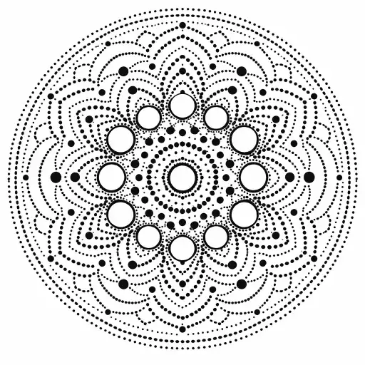 Create a dotwork mandala coloring page made only with dots, circles, and minimal line connections. The design should be evenly spaced and hypnotic. Black ink dots on a white background, printable format.