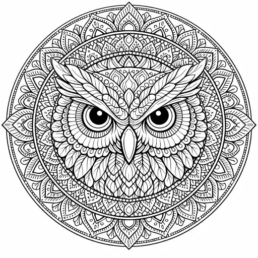 Create an owl mandala coloring page with an owl face centered inside a circular mandala. Use feathers, eyes, and decorative patterns arranged symmetrically. Fine detailed line work, no shading, coloring book style.