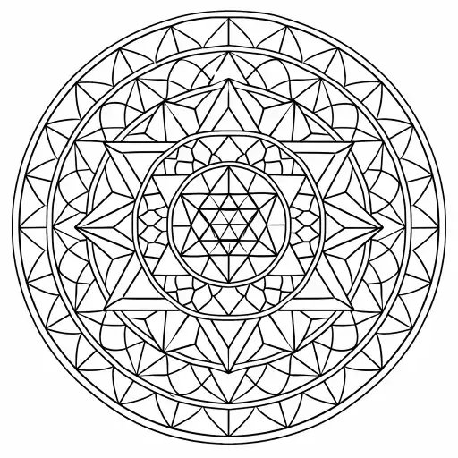 Create a sacred geometry mandala coloring page using triangles, circles, hexagons, and repeating geometric patterns. Perfect symmetry, clean black line art, no color, no background textures.