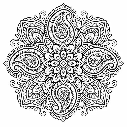Create a paisley-inspired mandala coloring page featuring teardrop shapes, curved lines, and intricate inner details. Arrange paisley forms in a circular symmetrical layout. Crisp black outlines, white background.