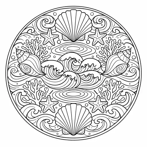Create an ocean-themed mandala coloring page using waves, seashells, coral patterns, and water ripples. Arrange elements symmetrically in a circular mandala design. Line art only, no shading.