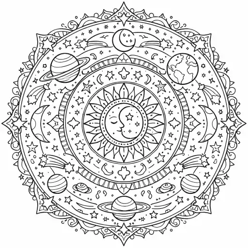Create a galaxy mandala coloring page with stars, planets, moons, and cosmic patterns arranged radially. Avoid solid fills. Use clean black outlines suitable for coloring. White background.