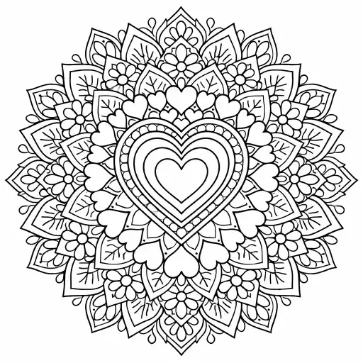 Create a heart-centered mandala coloring page with layered hearts radiating outward in perfect symmetry. Include floral and geometric accents. Simple yet detailed line art, no color.