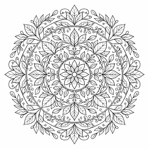 Create a nature-inspired mandala coloring page using leaves, vines, and botanical patterns arranged in circular symmetry. Fine line art, balanced spacing, white background.