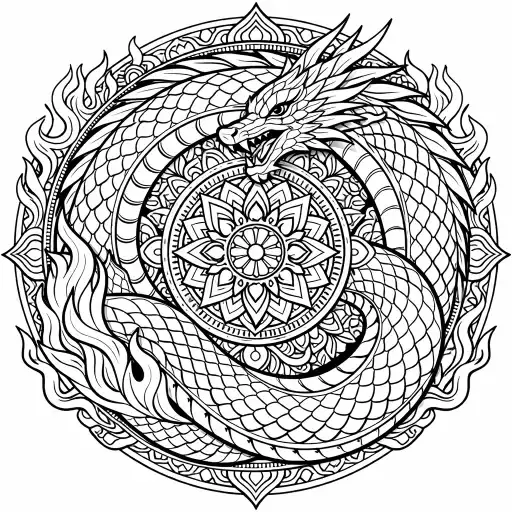 Create a dragon mandala coloring page where a stylized dragon coils into a circular shape. Integrate scales, flames, and decorative patterns while keeping symmetry. Black line art only.