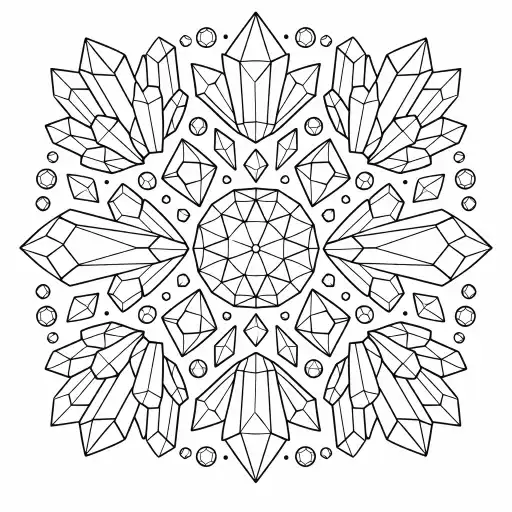 Create a crystal and gemstone mandala coloring page with faceted crystal shapes arranged symmetrically. Clean geometric lines, no shading, printable coloring page format.