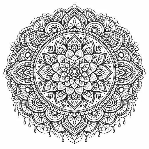 Create a henna-style mandala coloring page inspired by mehndi patterns. Use florals, dots, paisleys, and lace-like details in a circular design. Fine black line work, white background.