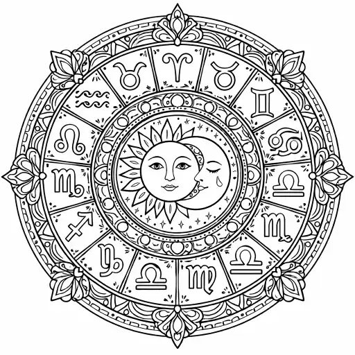 Create a zodiac mandala coloring page with astrological symbols arranged evenly around a circular frame. Decorative lines and symmetry. Black line art only, no text labels.