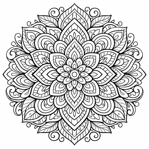 Create an abstract mandala coloring page with organic shapes, curves, and patterns arranged in a loose circular structure. Maintain symmetry while allowing creative freedom. Clean black outlines only.