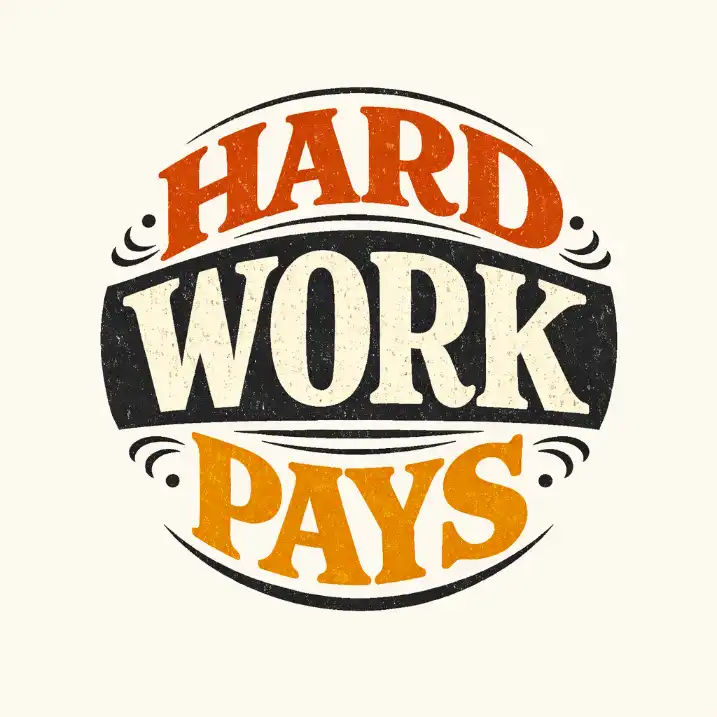 Create a vintage-inspired typography t-shirt design that reads "HARD WORK PAYS" using retro serif lettering with subtle rough ink texture. Arrange the words in a circular badge-style layout while keeping everything text-based. Maintain strong readability for screen printing. Background should be solid off-white or white. Use 1:1 aspect ratio.