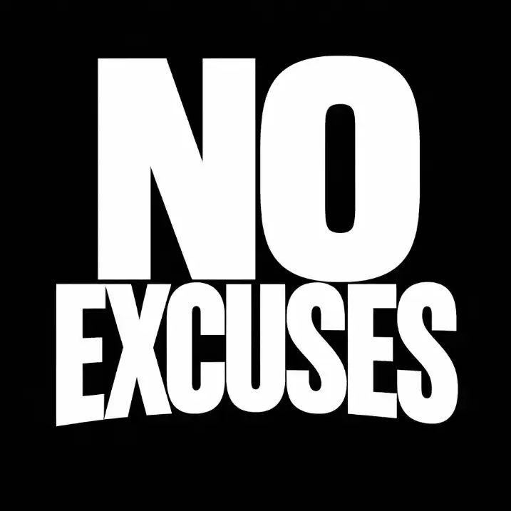 Create a modern streetwear typography design featuring the phrase "NO EXCUSES" in oversized bold sans-serif type. Let the letters slightly overlap and extend close to the edges for an aggressive look. Keep the design clean and high-impact. Background should be solid black. Use 1:1 aspect ratio.